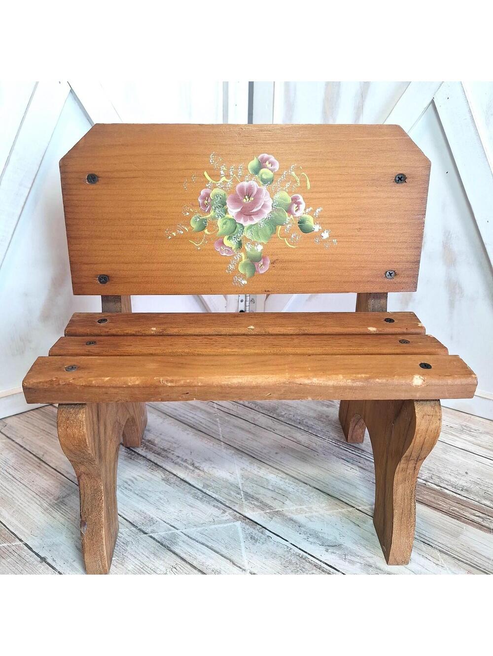 VTG Wooden Park Doll Bench or Plant Holder w/Hand Painted Florals 12.75"H X 12"W